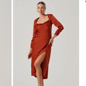 GRACIE LONG SLEEVE CUTOUT SATIN MIDI DRESS RUST